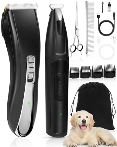 Pet Dog Clippers Pet Grooming Set, 2 in 1 Specialist Pet Dog Clippers for Thick Heavy Coats, Low Sound Pet Dog Paw Leaner along with LED Illumination, Cordless Rechargeable Household Pet Hair Electric Razor for Small & Sizable Pet Dogs Felines