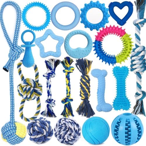 Twenty Stuff Pup Chew Toys – Canine Teething Toys for Puppies, New Pup Toys Teething Bands and also Long Lasting Ropes, Blue Rubber Plaything Package for Lap Dogs, Adorable Active Canine Spheres for Little Kind
