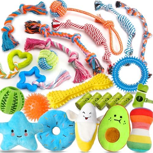 Zeaxuie 25 Pack Deluxe Pet Chew Toys for Pup, Pet Toys along with Ropes Pup Chew Toys, Delight Sphere as well as Squeaky Pup Toys for Teething Small Canine