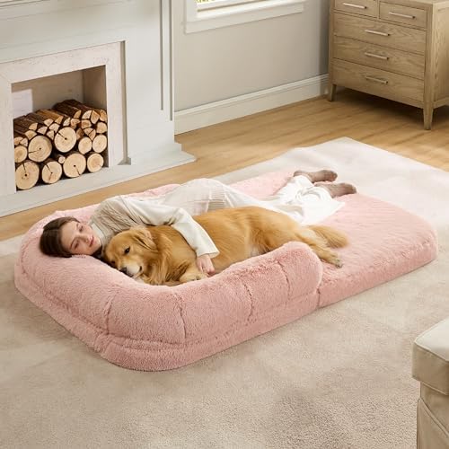 Bedsure Foldable Person Pet Dog Bedroom for Individuals Grownups, 2 in 1 Comforting Individual Dimension Titan Pet Dog Bed Matches Family Pet Family Members along with Egg Froth Encouraging Floor Covering as well as Water-resistant Lining, Faux Hair Orthopedic Pet Dog Couch, Pink
