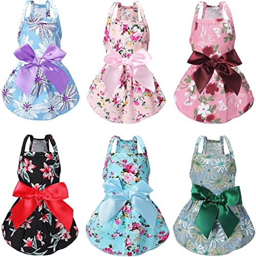 6 Parts Pup Canine Outfit Family Pet Bowknot Princess Or Queen Outfit Pup Floral Vest Dress Family Pet Summer Months Outfit Canine Cute Rosette Sundress Clothing for Lap Dog Kitty Family Pet (L (7-9lbs), Timeless Design)