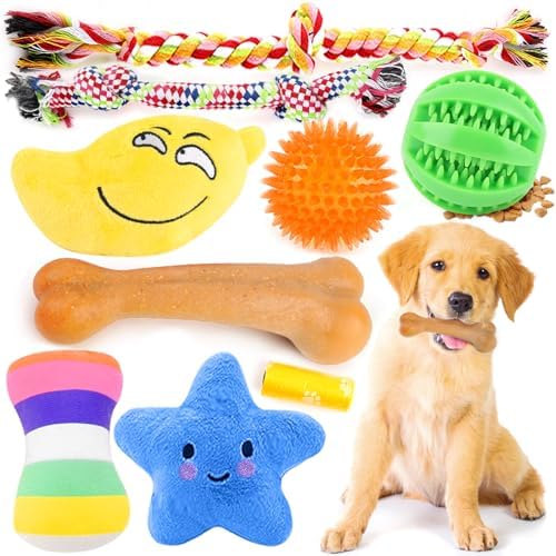 9 Load Pet Toys, Deluxe Pup Chew Toys for Teething, Cotton Squeaky Plush Toys for Lap Dogs, Sturdy Interactive Reward Pet Round and also Bone Fragments, Rubber Rope Toys for Puppies Chewer Cleansing