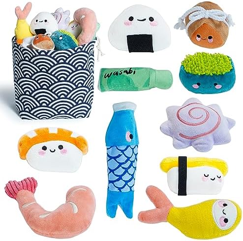 Nocciola 10 PCS Sushi Lap Dog Toys to Always Keep Them Busy, Cute Stuffed Pup Toys along with Bag, Plush Pet Dog Squeaky Plaything for Small to Tool Pet Dog, Doggy Birthday Celebration Presents