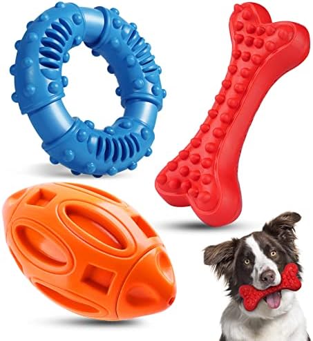 Epesiri 3-Pack Pet Dog Chew Toys for Aggressive Chewers, Rubber Pet Dog Toys for Large/Medium/Small Species, Indestructible Pet Dog Plaything Heavy Duty Squeaky Pup Chew Toys for Pearly Whites Cleansing as well as Periodontal Massage Therapy Finest Present